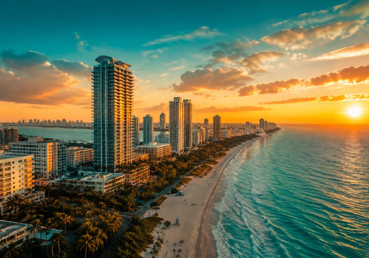 Aerial drone footage of Miami Beach at sunset